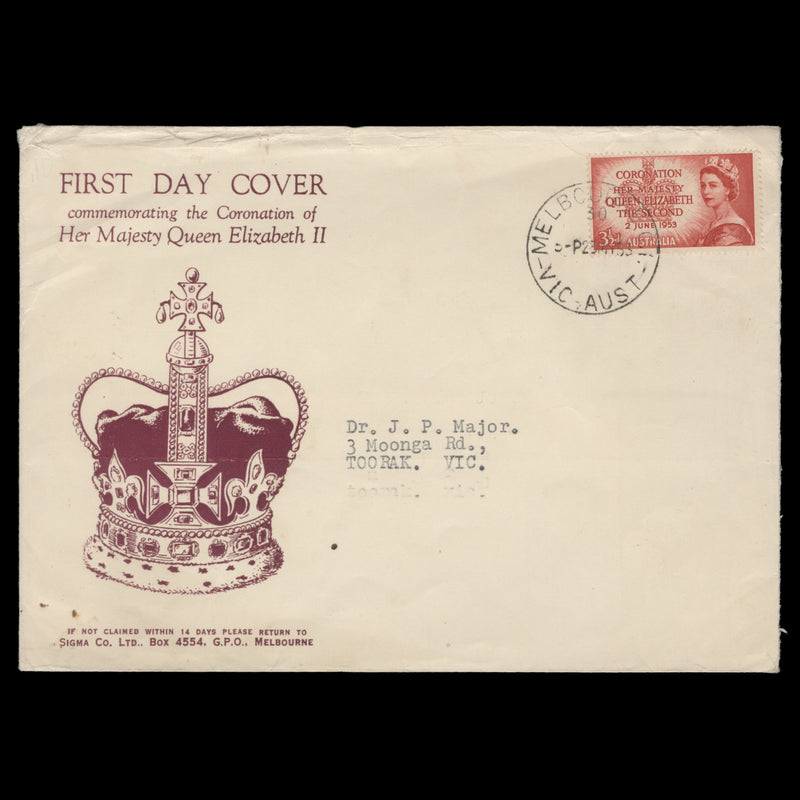 Australia 1953 (FDC) 3½d Coronation, MELBOURNE