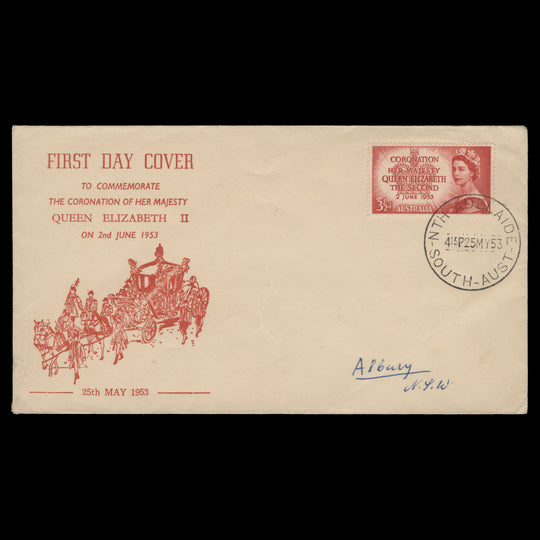 Australia 1953 (FDC) 3½d Coronation, NTH ADELAIDE