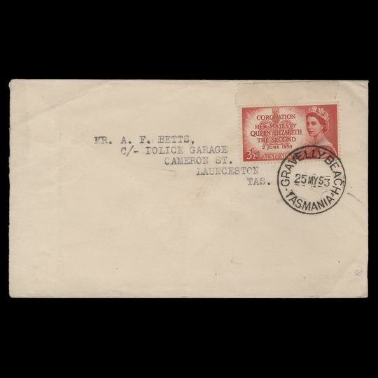 Australia 1953 (FDC) 3½d Coronation, GRAVELLY BEACH