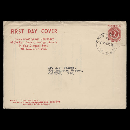 Australia 1953 Tasmanian Stamp Centenary first day cover, MELBOURNE