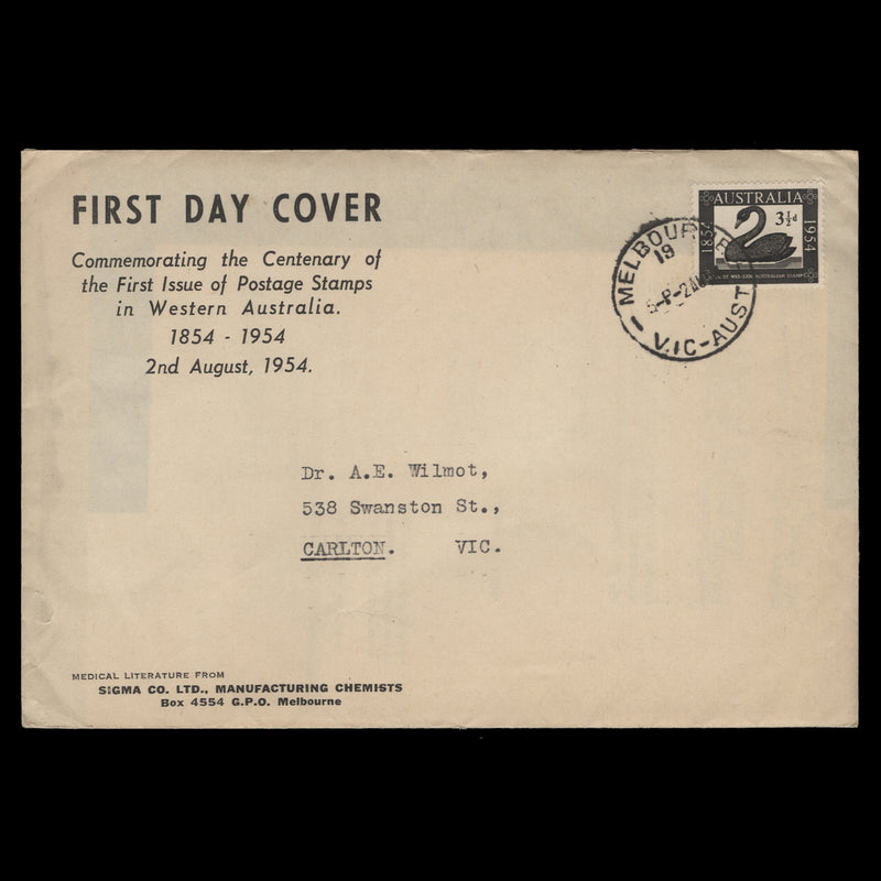 Australia 1954 Western Australia Stamp Centenary first day cover, MELBOURNE