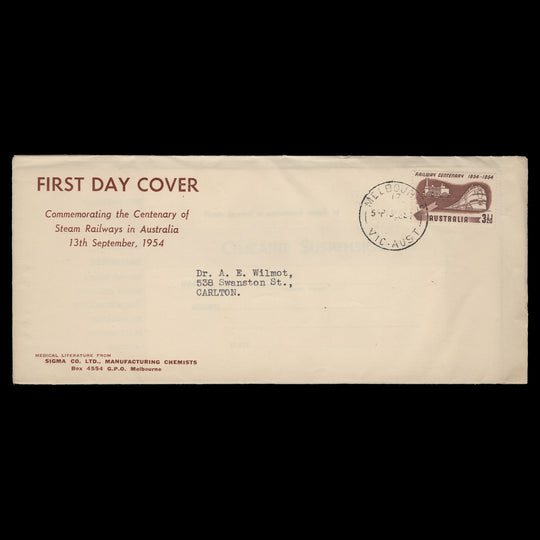 Australia 1954 Railway Centenary first day cover, MELBOURNE