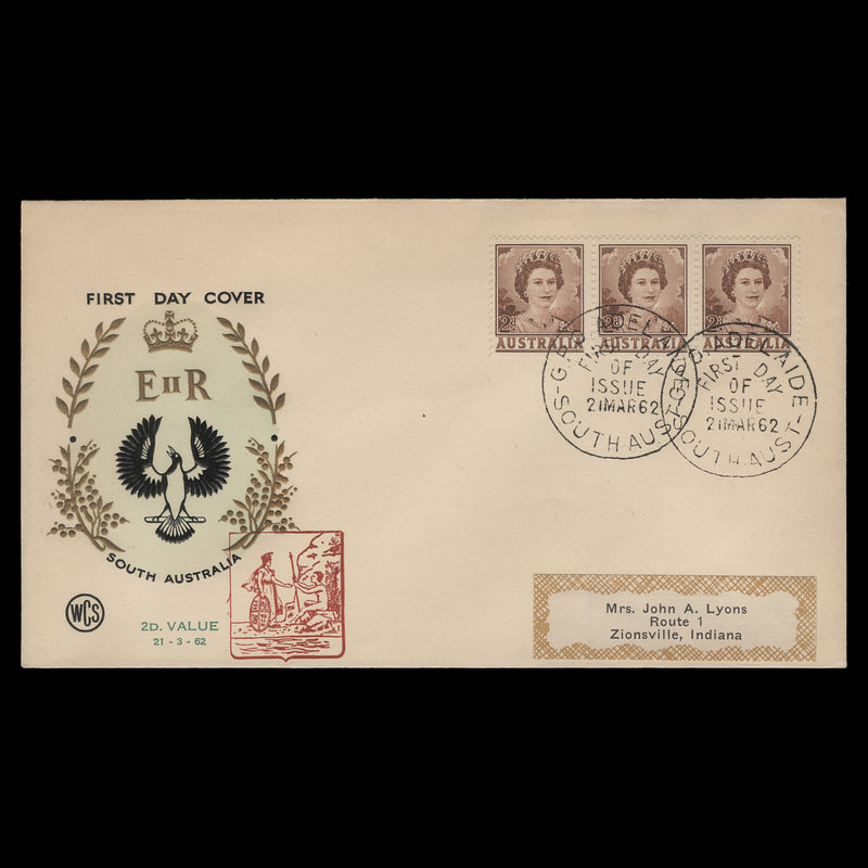 Australia 1962 (FDC) 2d Queen Elizabeth II strip, ADELAIDE