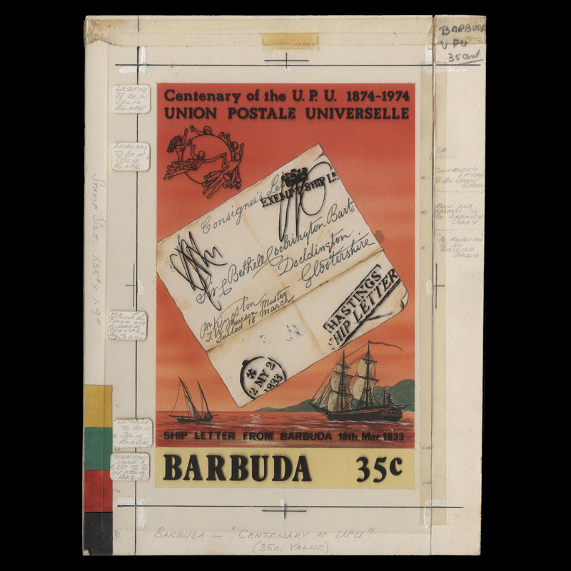 Barbuda 1974 UPU Centenary watercolour artwork