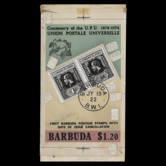 Barbuda 1974 UPU Centenary artwork by Gordon Drummond
