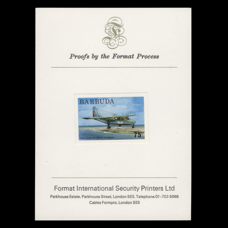 Barbuda 1974 Inter-Island Air Service imperf proof on presentation card