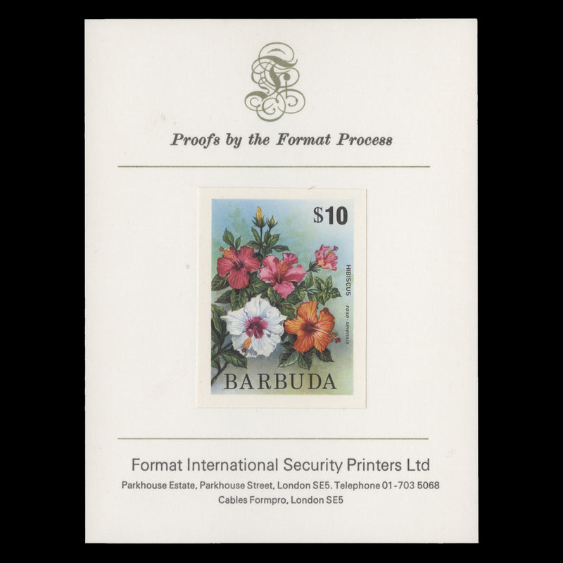 Barbuda 1975 Hibiscus imperf proof on presentation card