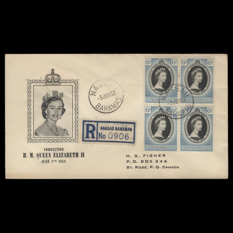 Bahamas 1953 (FDC) 6d Coronation block, NASSAU