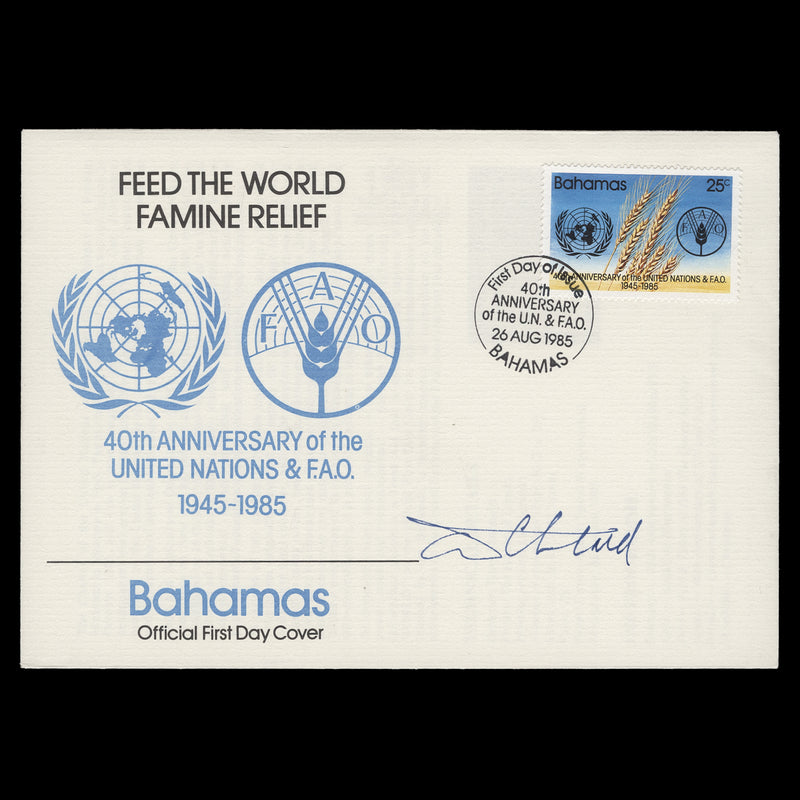 Bahamas 1985 UN & FAO Anniversary first day cover signed by designer