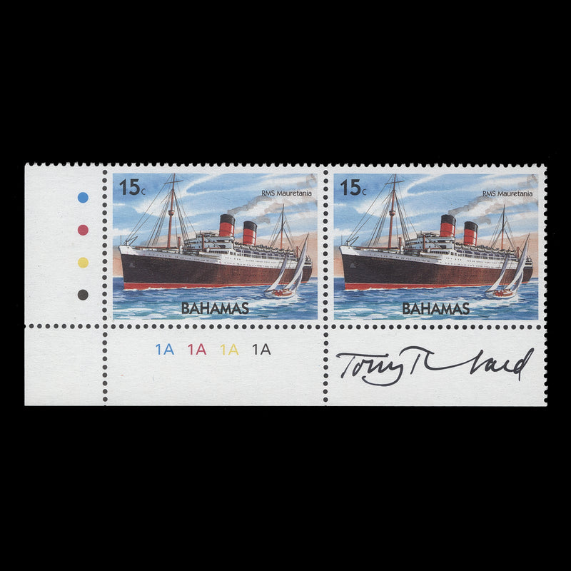 Bahamas 2004 (MNH) 15c RMS Mauretania plate pair signed by designer