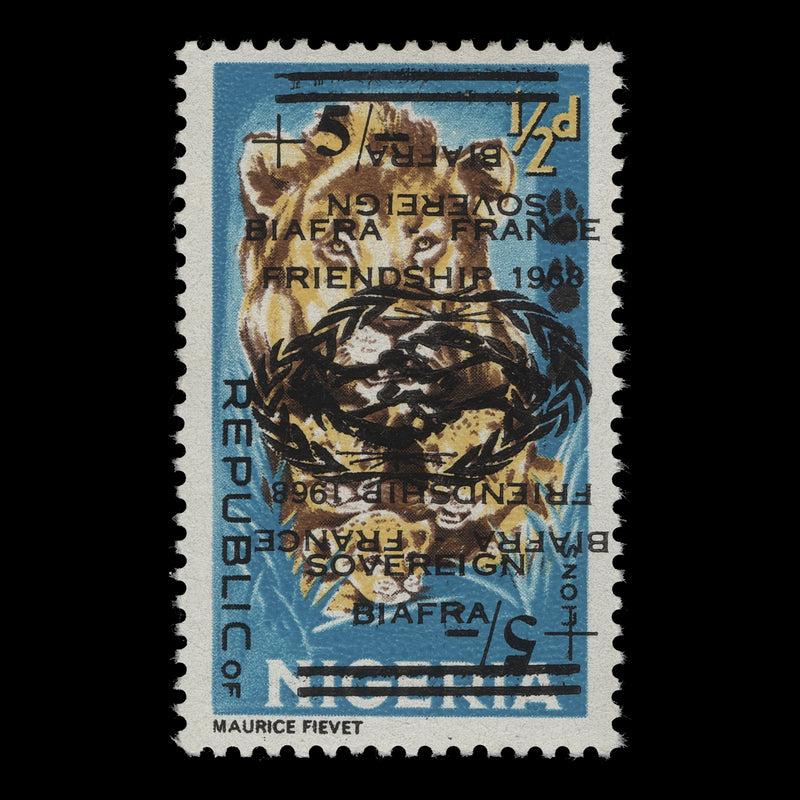 Biafra 1968 (Variety) ½d+5s Lion and Cubs with double overprint, one inverted