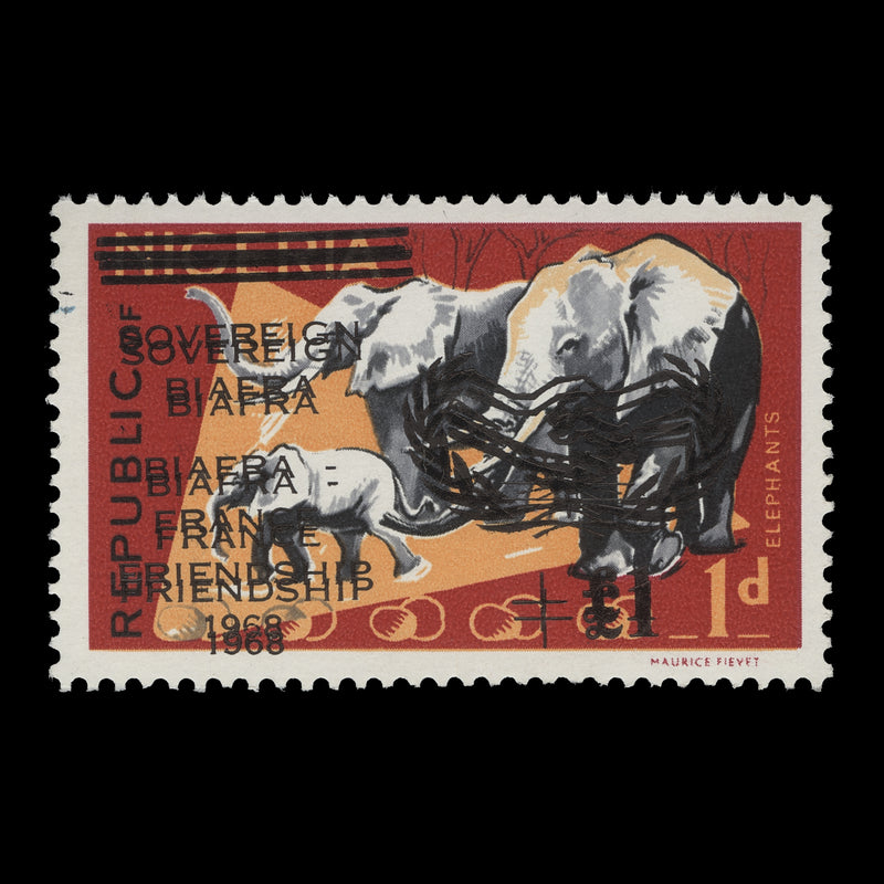 Biafra 1968 (Variety) 1d+£1 African Elephants with double overprint
