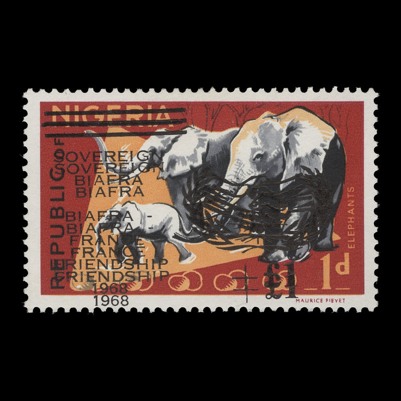 Biafra 1968 (Variety) 1d+£1 African Elephants with double overprint