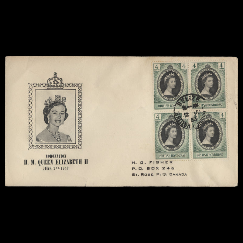 British Honduras 1953 (FDC) 4c Coronation block, BELIZE