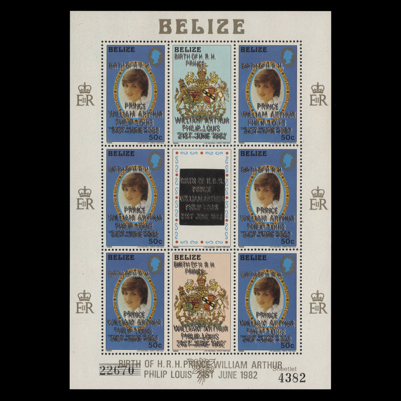 Belize 1982 (Variety) Birth of Prince William sheelet with double overprint