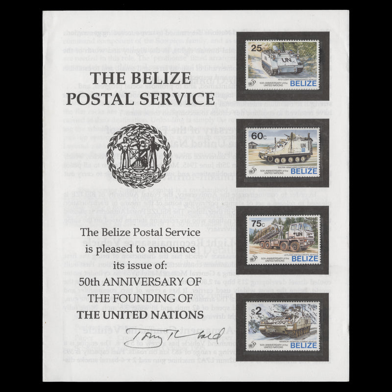 Belize 1995 United Nations Anniversary flyer signed by stamp designer