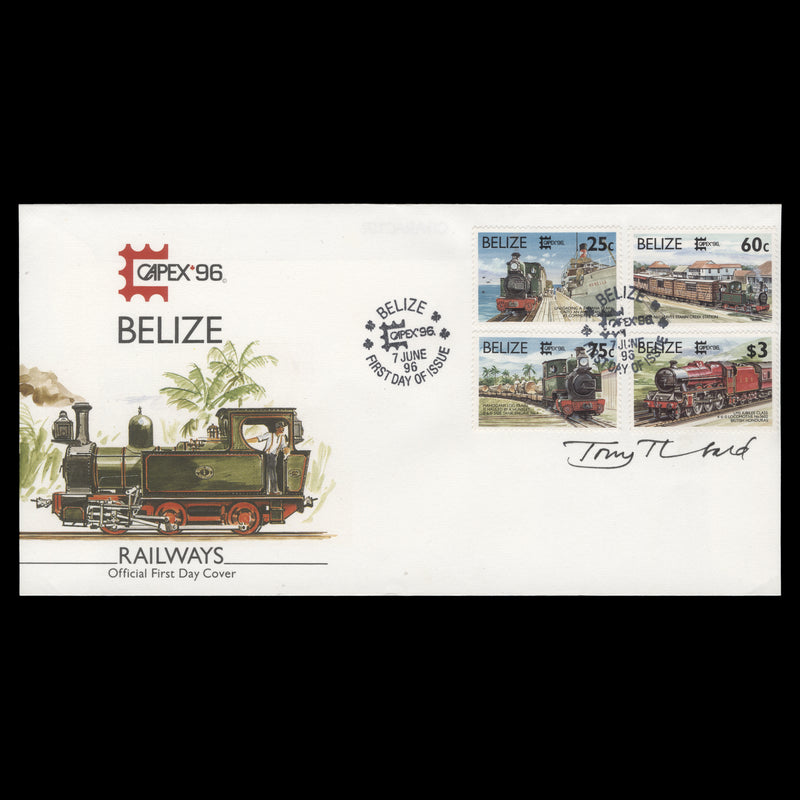 Belize 1996 Trains/International Stamp Exhibition, Toronto signed first day cover