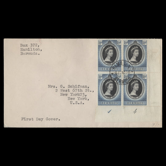 Bermuda 1953 (FDC) 1½d Coronation plate 1–4 block, HAMILTON