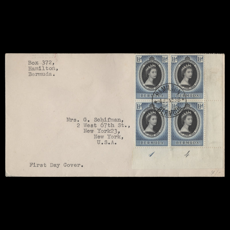 Bermuda 1953 (FDC) 1½d Coronation plate 1–4 block, HAMILTON