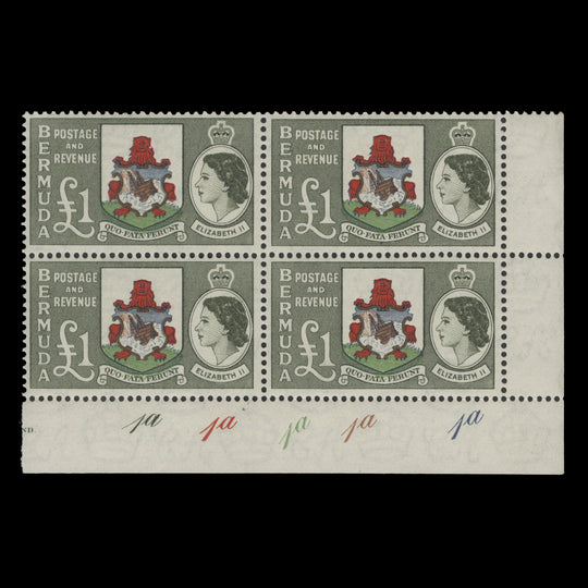 Bermuda 1953 (MNH) £1 Country Arms plate 1a–1a–1a–1a–1a block