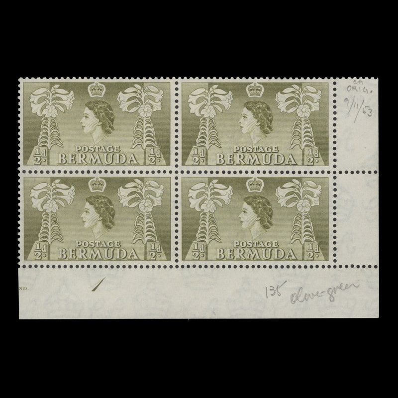 Bermuda 1953 (MNH) ½d Easter Lilies plate 1 block, olive-green shade