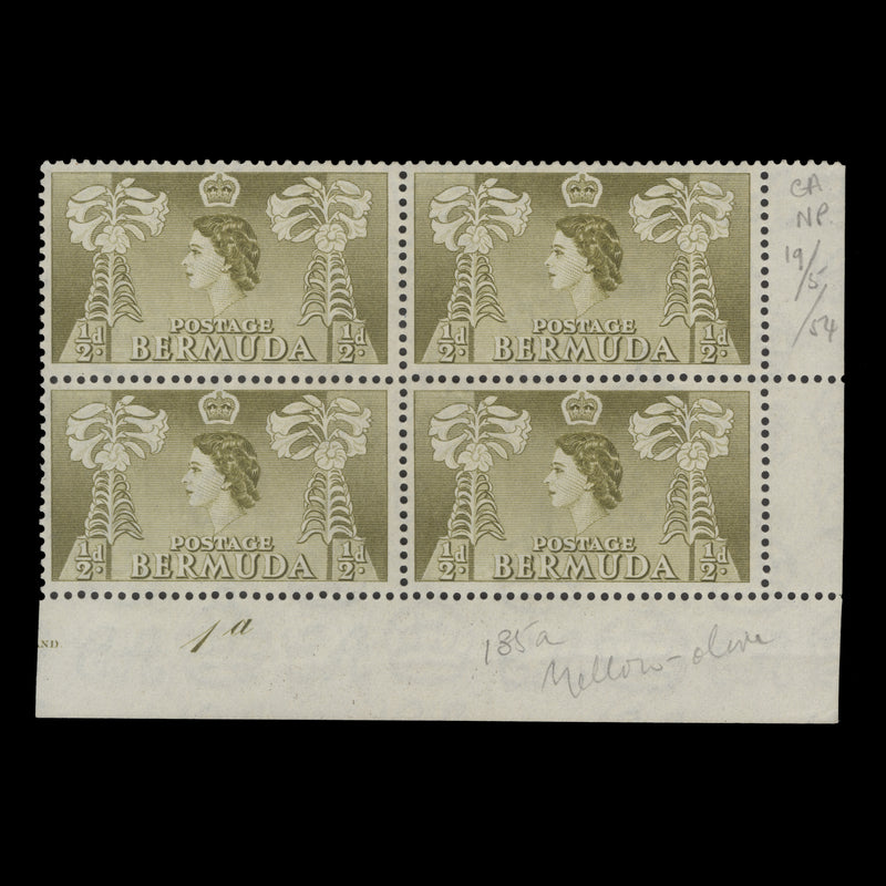 Bermuda 1954 (MNH) ½d Easter Lilies plate 1a block, yellow-olive shade