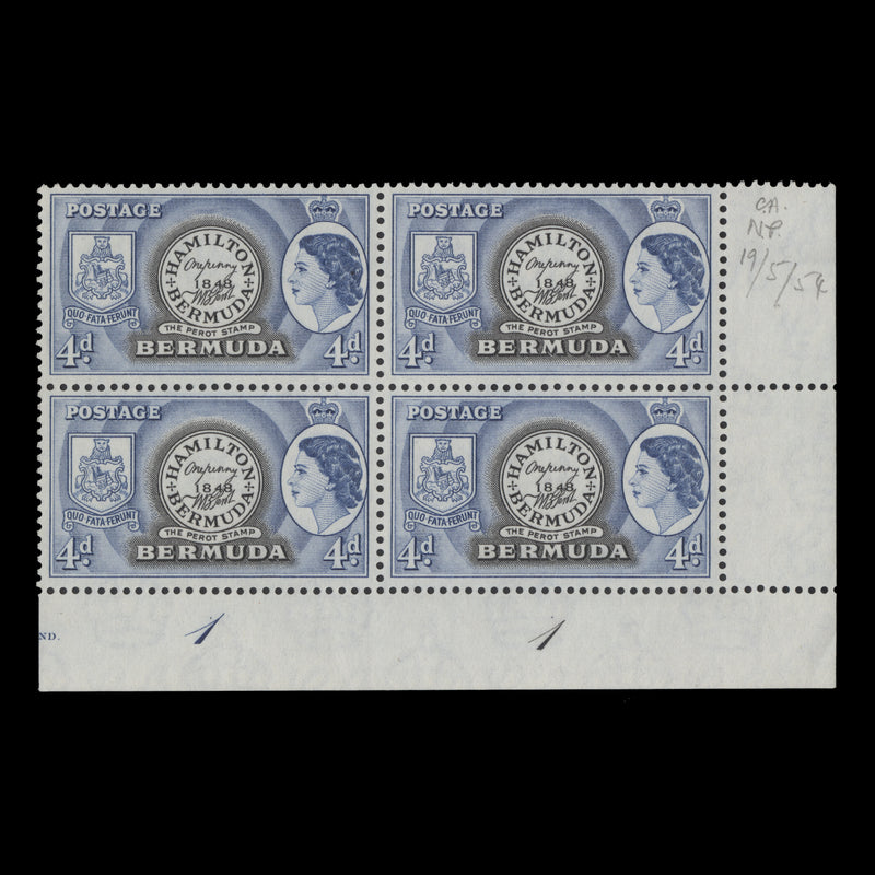 Bermuda 1954 (MNH) 4d Postmaster Perot's Stamp plate 1–1 block