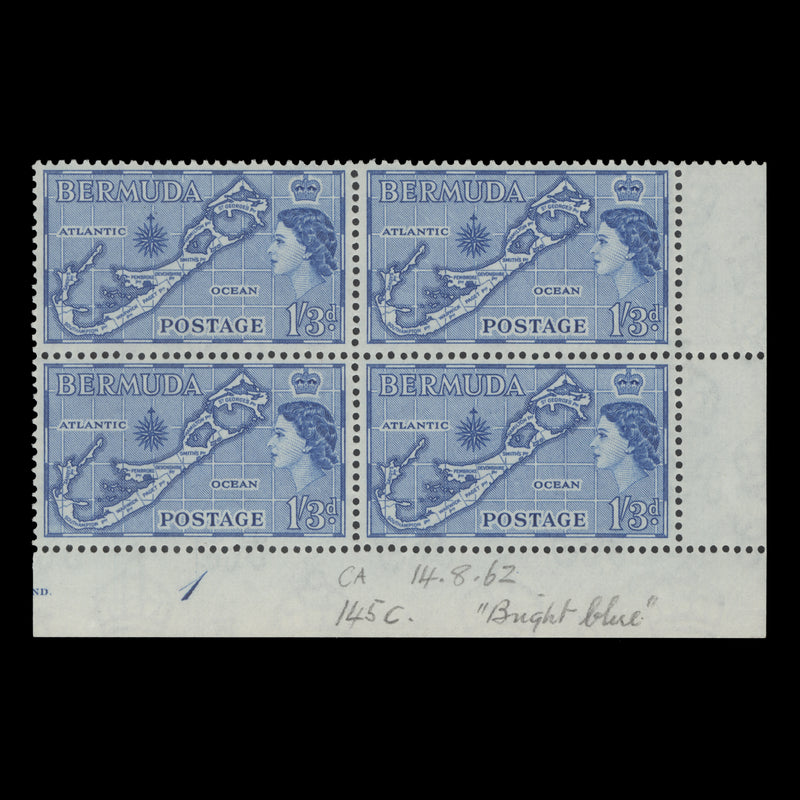 Bermuda 1962 (MNH) 1s3d Map plate 1 block, die II, bright blue shade