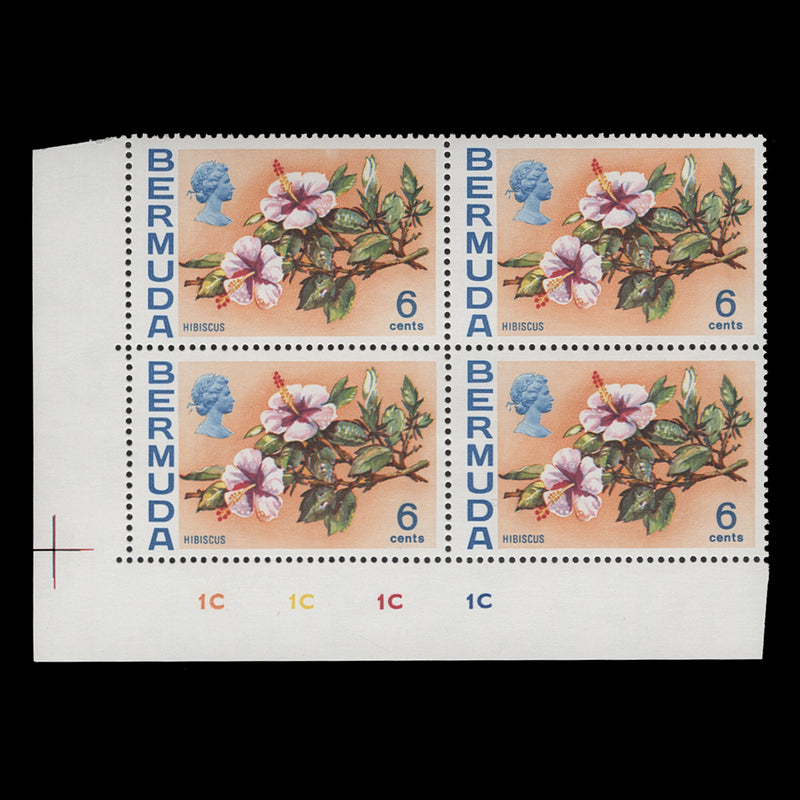 Bermuda 1976 (MNH) 6c Hibiscus plate 1C–1C–1C–1C block