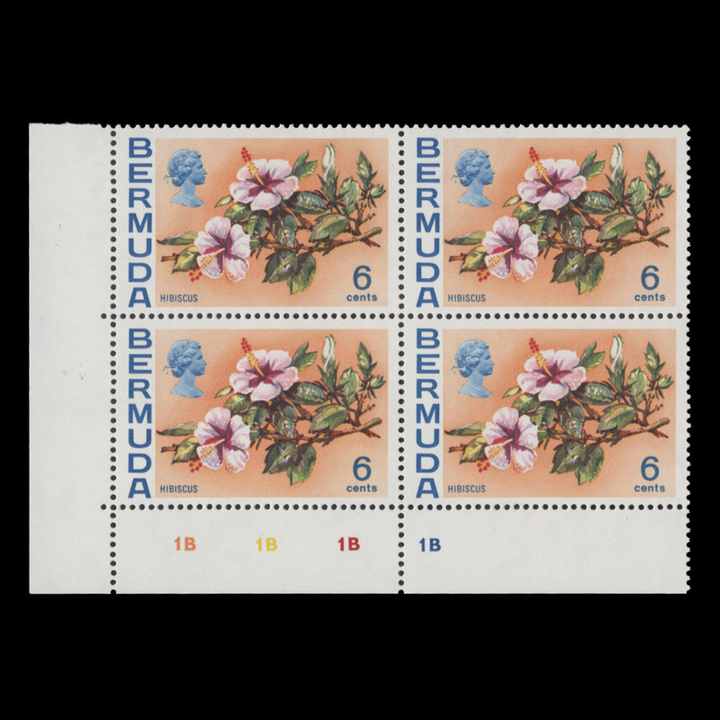 Bermuda 1976 (MNH) 6c Hibiscus plate 1B–1B–1B–1B block