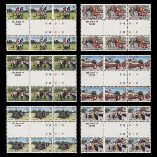 Bermuda 1982 (MNH) Bermuda Regiment imprint/traffic light gutter blocks