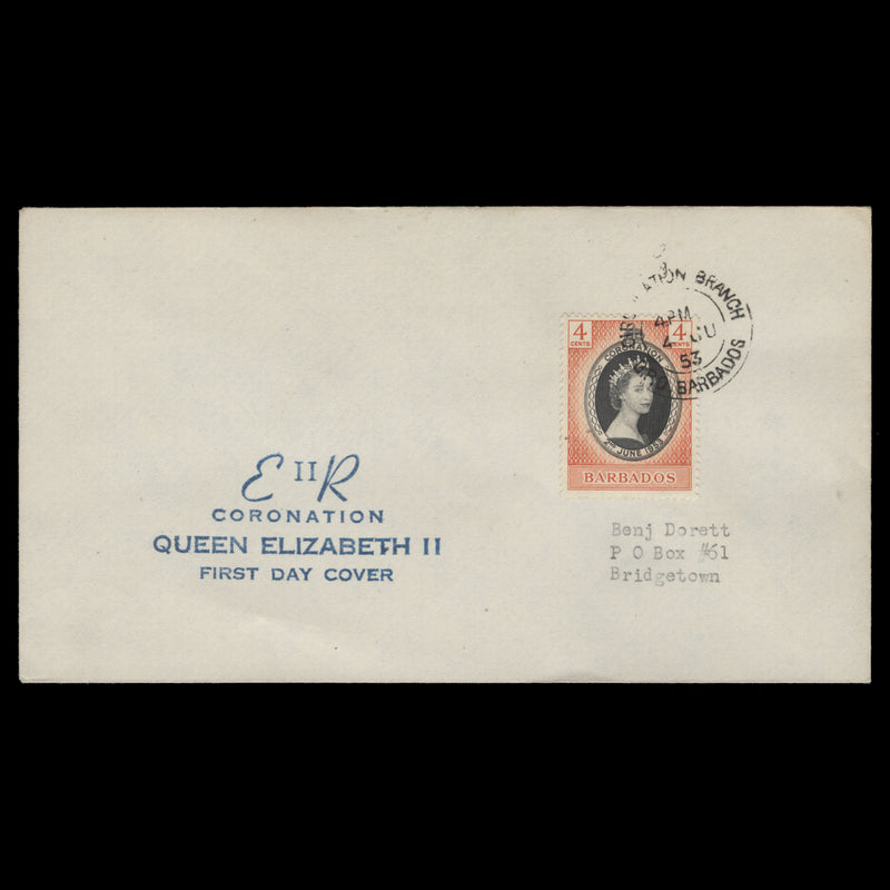 Barbados 1953 (FDC) 4c Coronation, CIRCULATION BRANCH