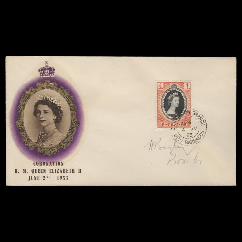 Barbados 1953 (FDC) 4c Coronation, CIRCULATION BRANCH