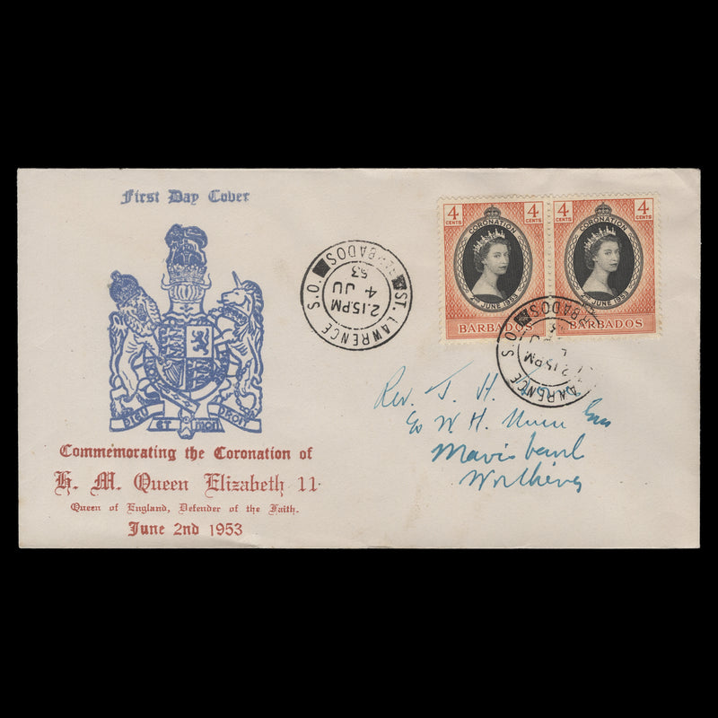 Barbados 1953 (FDC) 4c Coronation pair, ST LAWRENCE