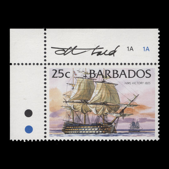 Barbados 1994 (MLH) 25c HMS Victory single signed by Tony Theobald