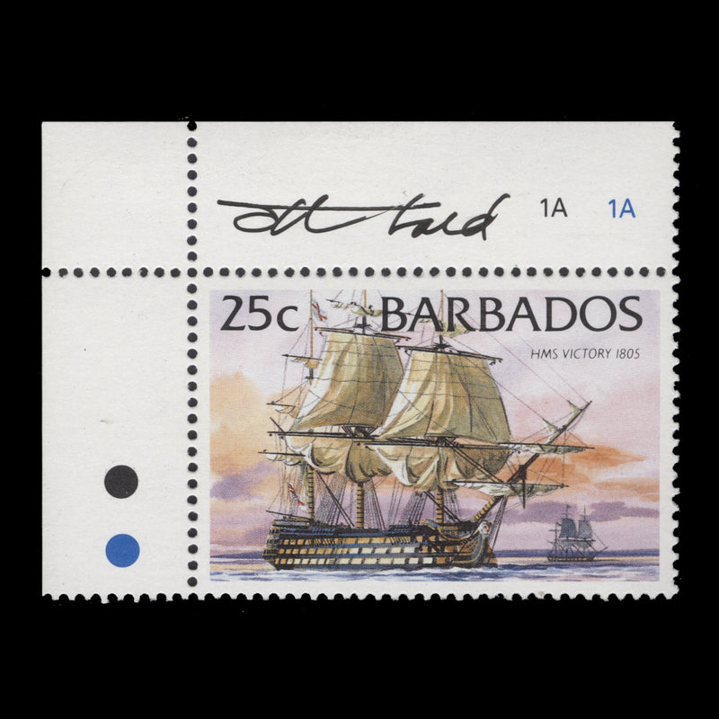 Barbados 1994 (MLH) 25c HMS Victory single signed by Tony Theobald