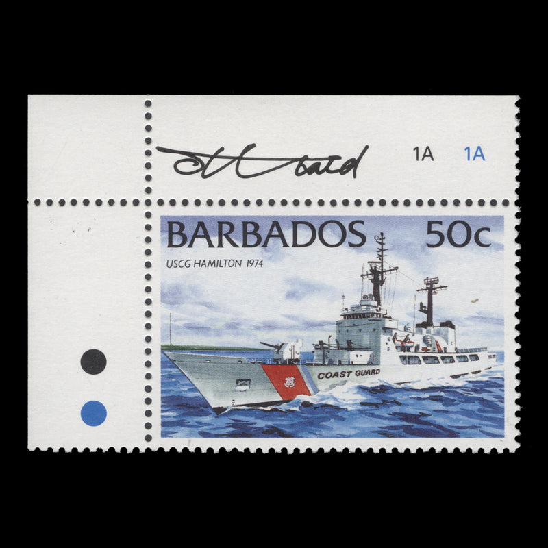 Barbados 1994 (MLH) 50c USCG Hamilton single signed by Tony Theobald