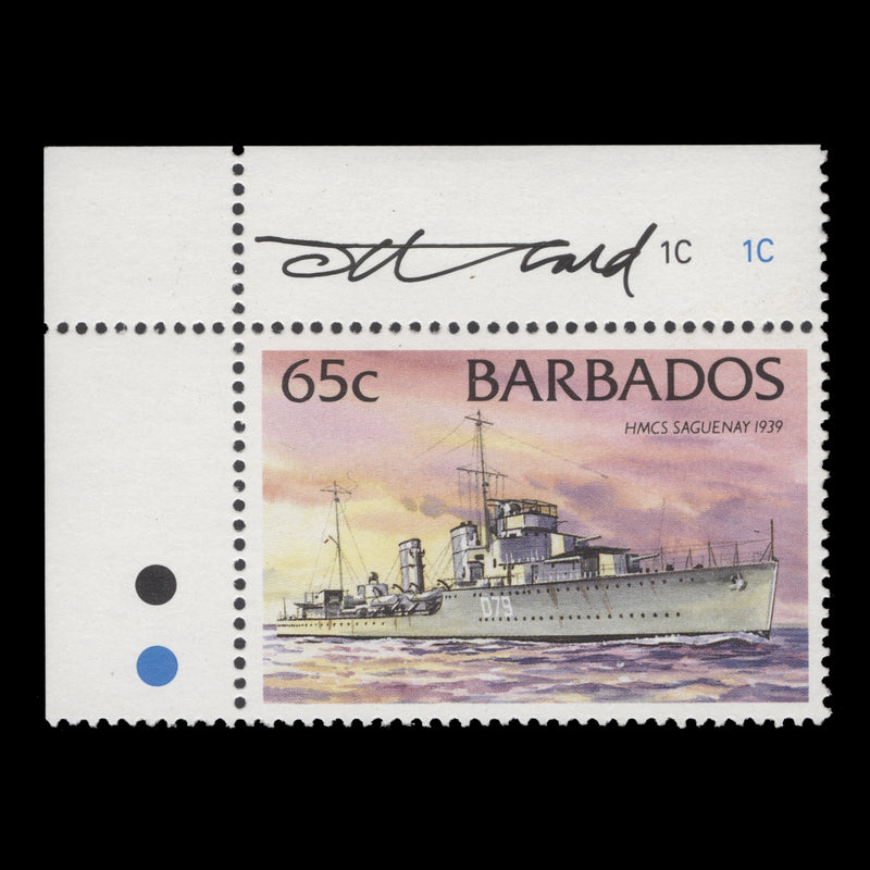 Barbados 1994 (MLH) 65c HMCS Saguenay single signed by Tony Theobald