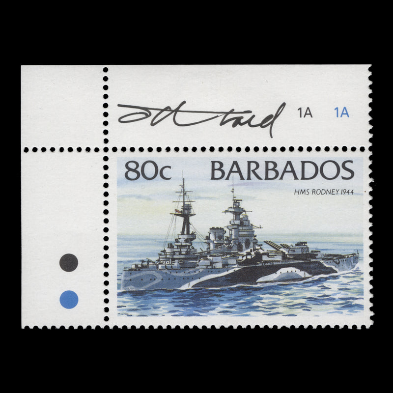 Barbados 1994 (MLH) 80c HMS Rodney single signed by Tony Theobald