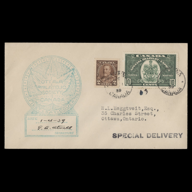 Canada 1939 (FDC) 10c Coat of Arms/Special Delivery, OTTAWA