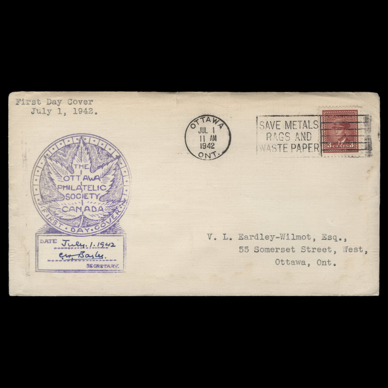 Canada 1942 (FDC) 3c KGVI definitive, OTTAWA