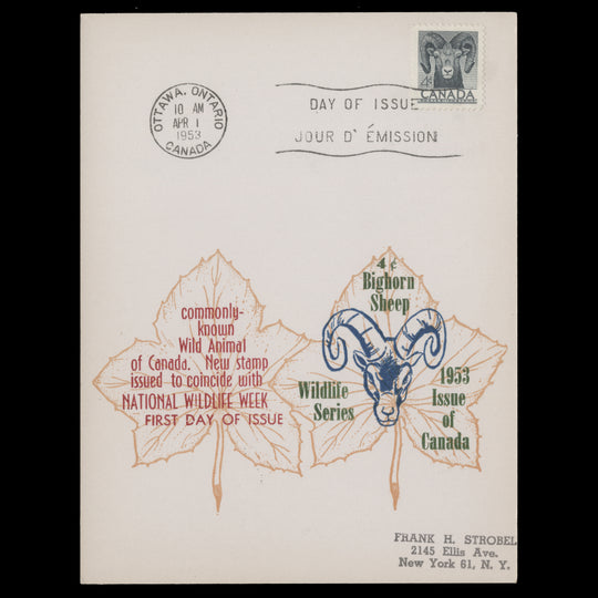 Canada 1953 (FDC) 4c Bighorn Sheep, OTTAWA