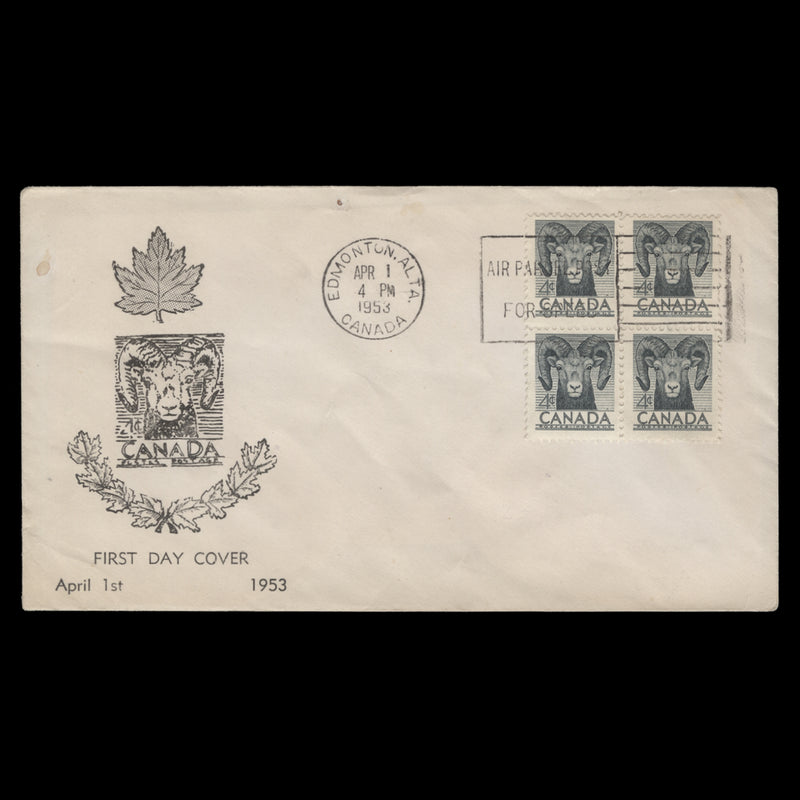 Canada 1953 (FDC) 4c Bighorn Sheep block, EDMONTON