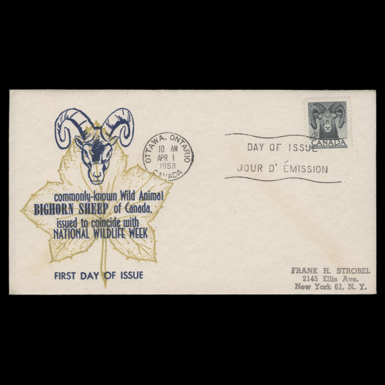 Canada 1953 (FDC) 4c Bighorn Sheep, OTTAWA