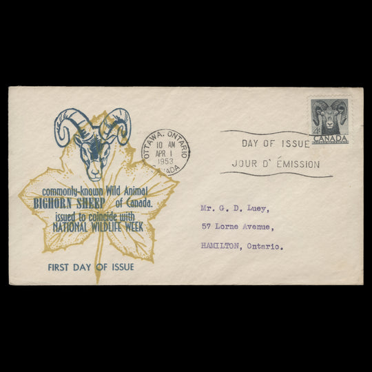 Canada 1953 (FDC) 4c Bighorn Sheep, OTTAWA