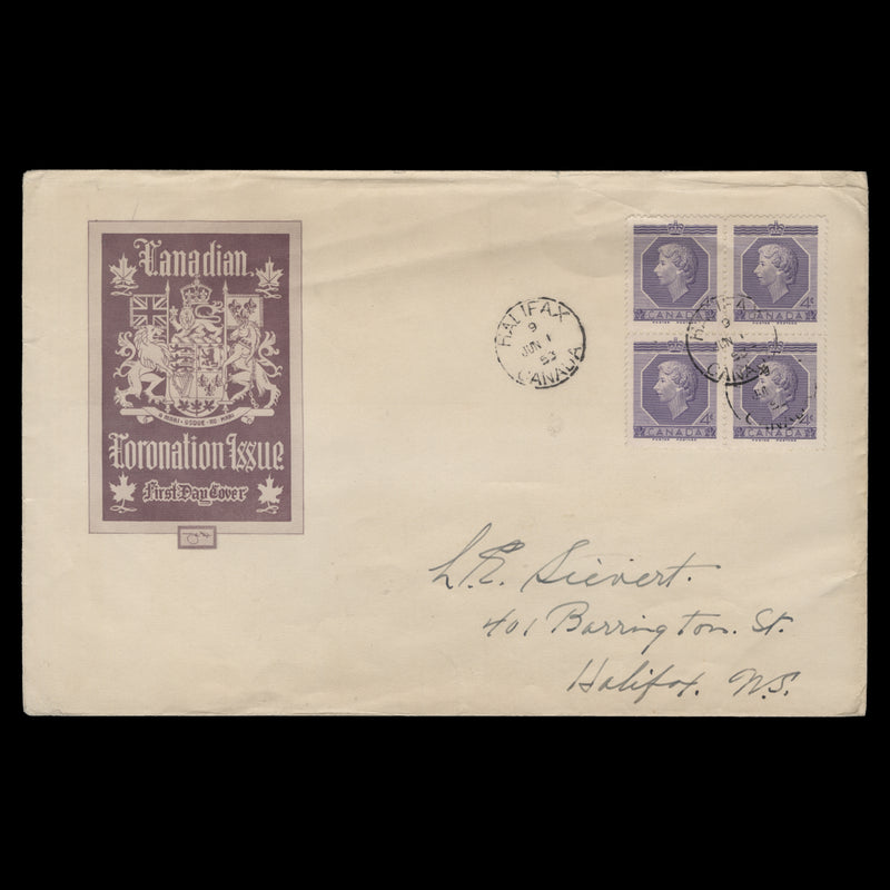 Canada 1953 (FDC) 4c Coronation block, HALIFAX