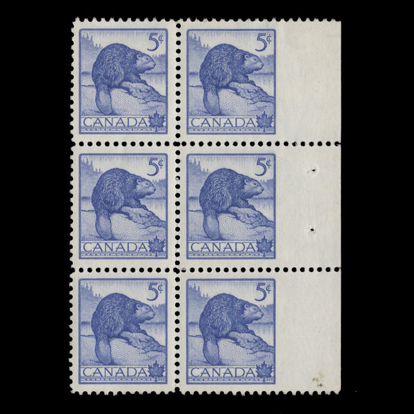 Canada 1954 (Variety) 5c Beaver block imperf to margin