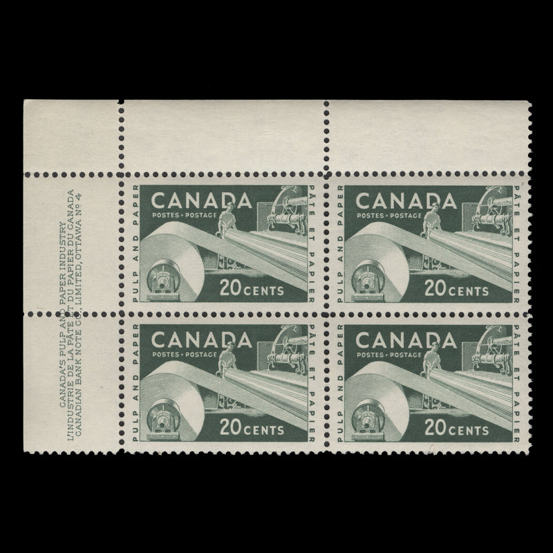 Canada 1956 (MNH) 20c Paper Industry imprint/plate 4 block