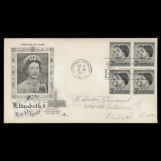 Canada 1957 (FDC) 5c Royal Visit block, OTTAWA