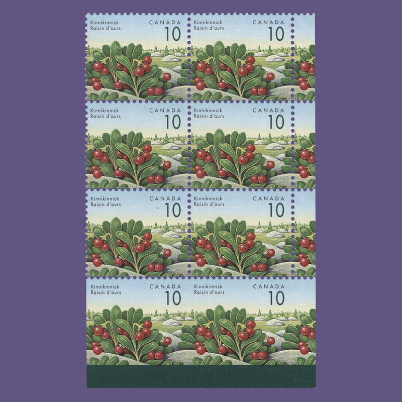 Canada 1992 (Variety) 10c Kinnikinnick block with lower row imperf on three sides